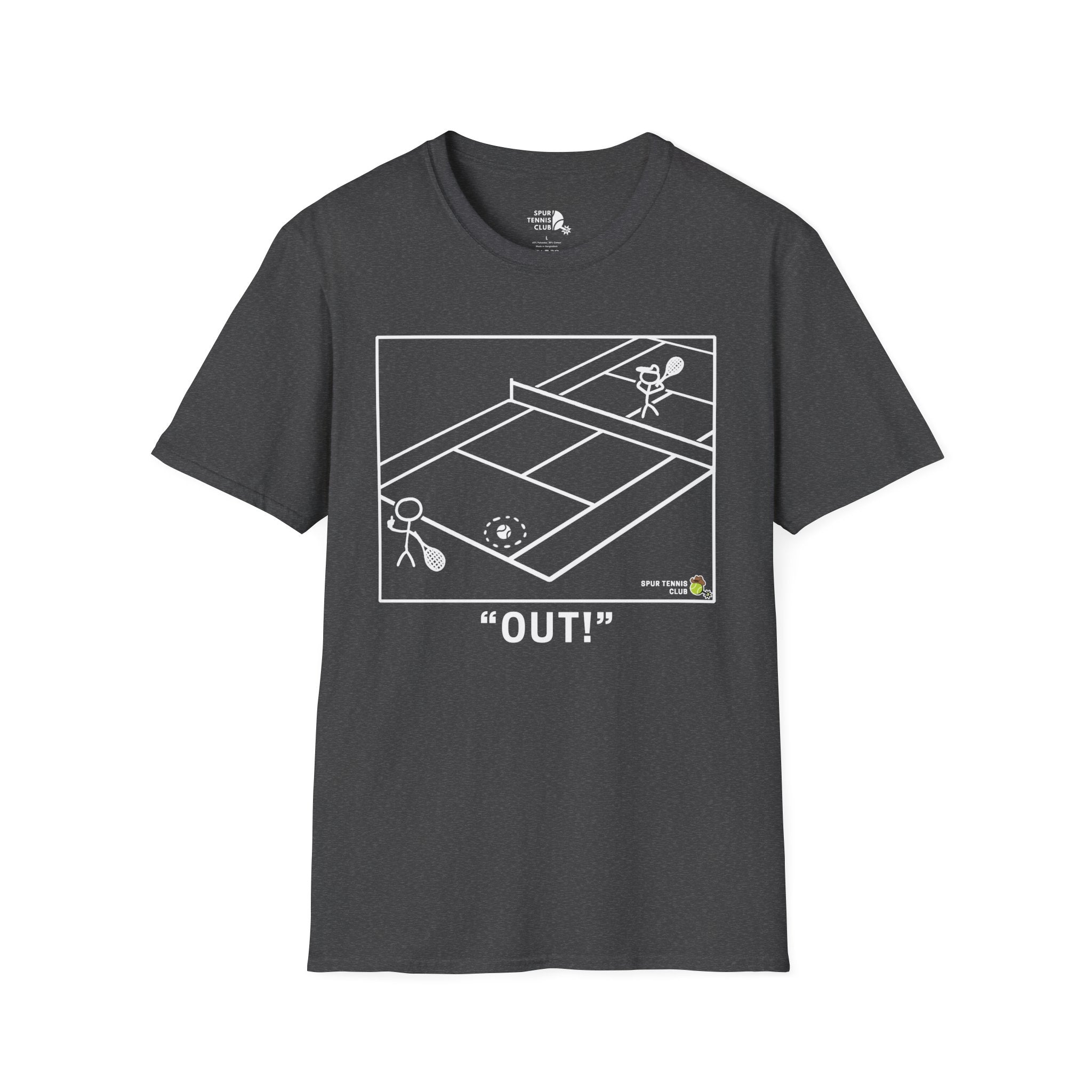 'OUT!' Funny Stick Figure Tennis Court Graphic Tee