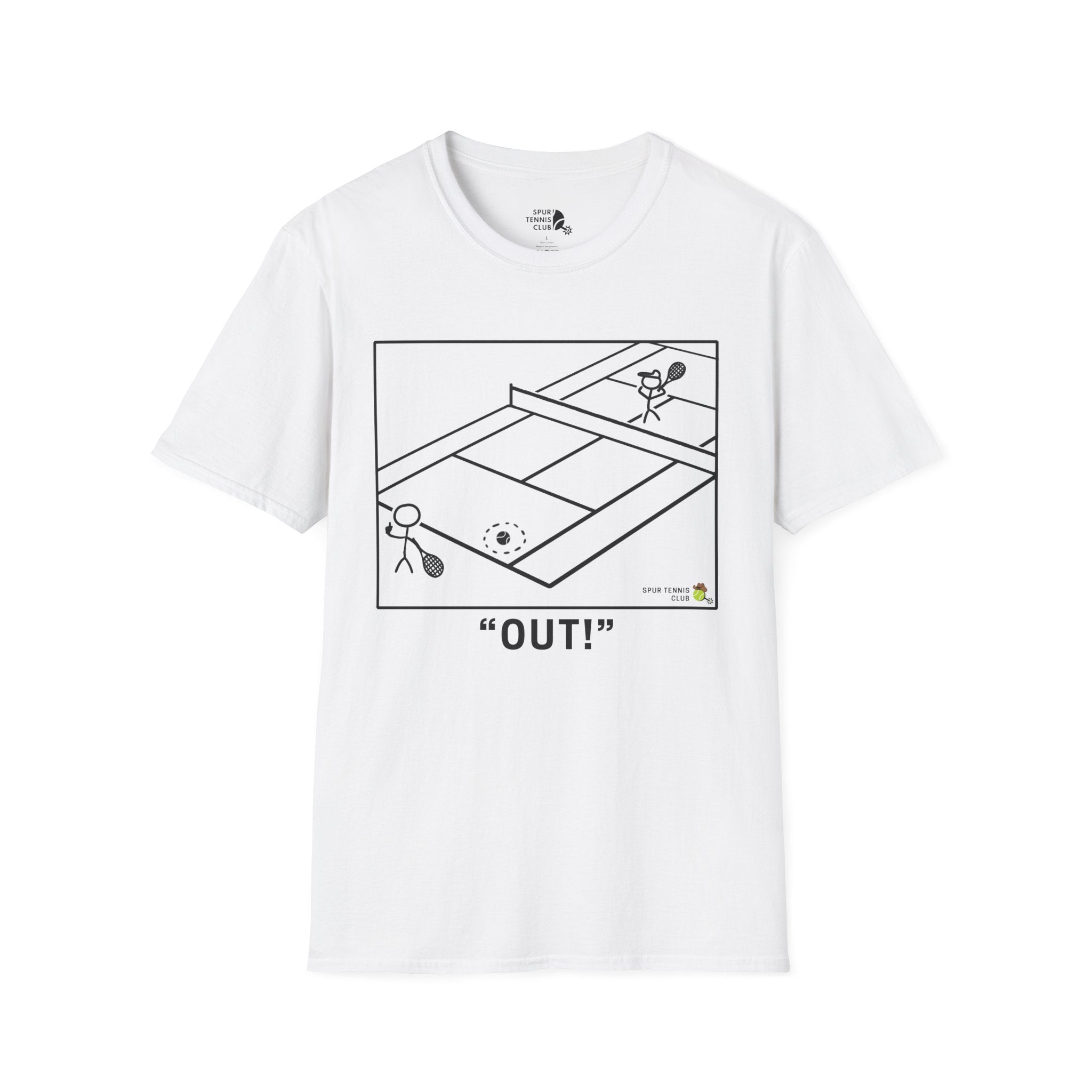 'OUT!' Funny Stick Figure Tennis Court Graphic Tee
